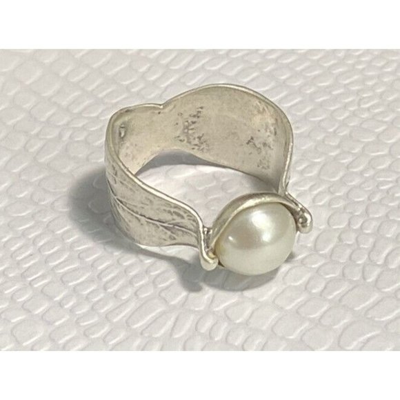 SILPADA 925 STERLING SILVER 925 Pearl RING Size 7 Retired Floral Leaf Etched - Picture 7 of 8